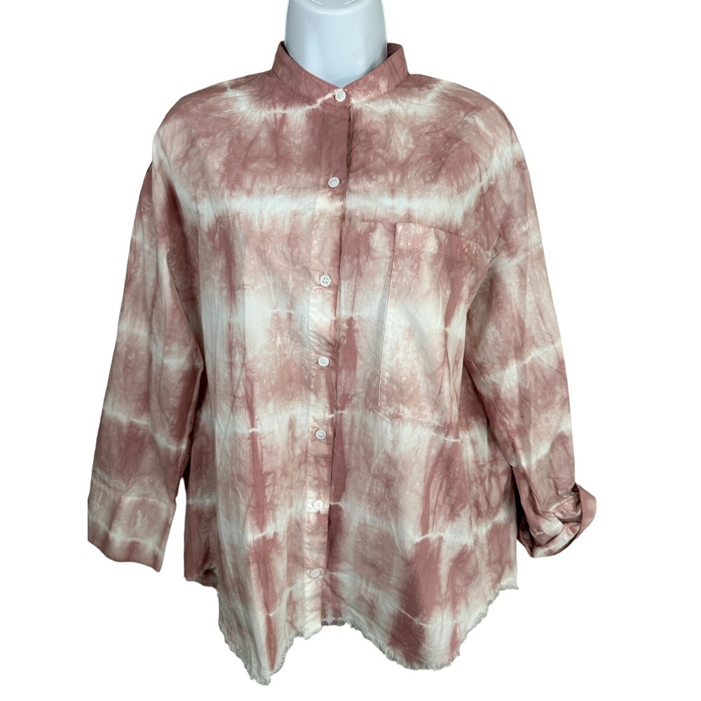 Zara Oversized XS Top Pink White Tie Dye Button Down Long Sleeve Frayed Hem